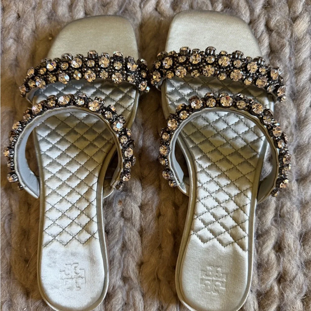 Tory Burch Crystal-Embellished Silver Quilted Slide Sandals - Women size 7